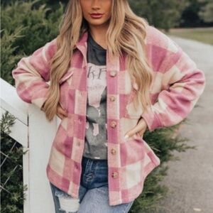 Vici Pink and Cream Plaid Teddy Jacket